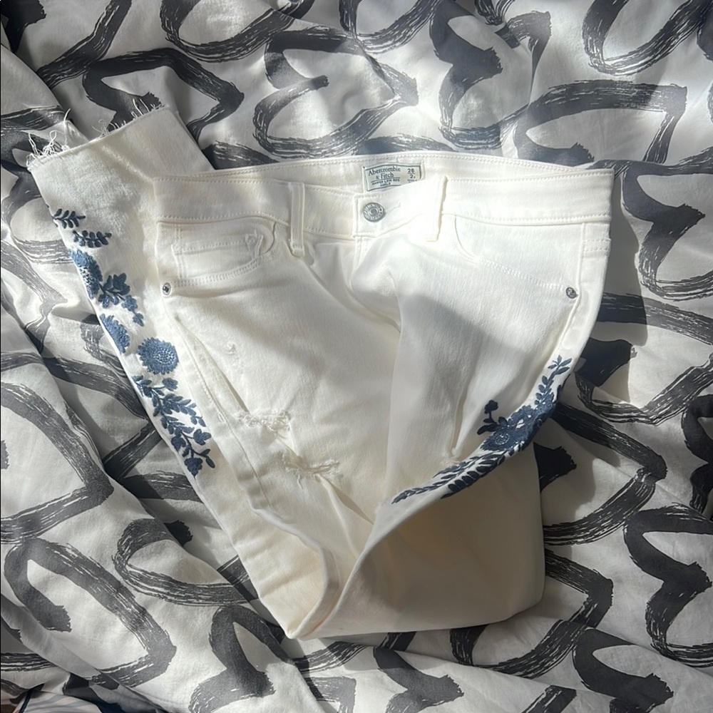 Women's White Jeans with Blue Floral Embroidery